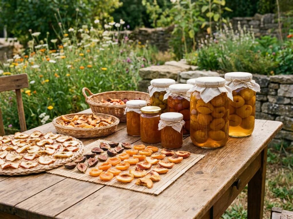 Étalage de fruits d'été séchés et bocaux de conserves maison sur une table en bois