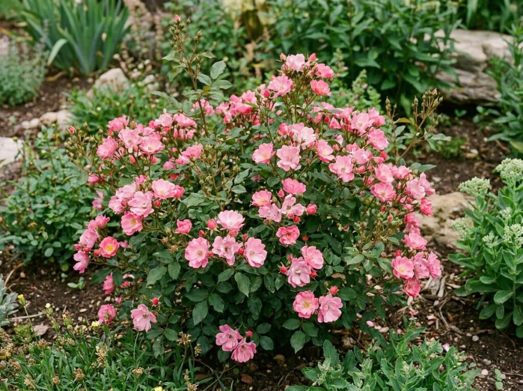 rosier Knock Out à petites fleurs roses épanouies en plein massif d'été au jardin