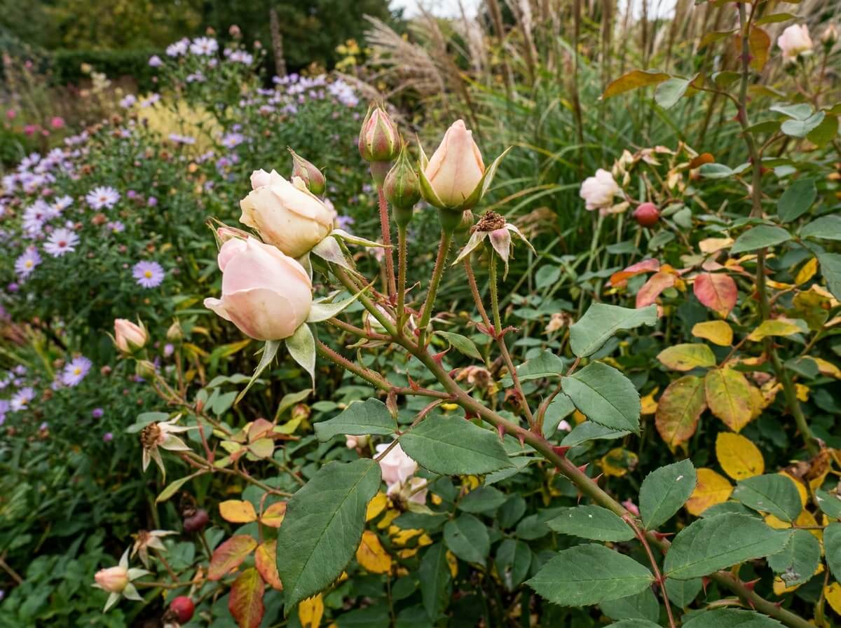 boutons floraux du rosier Knock Out 'Blushing' sur tige vigoureuse en fin de saison