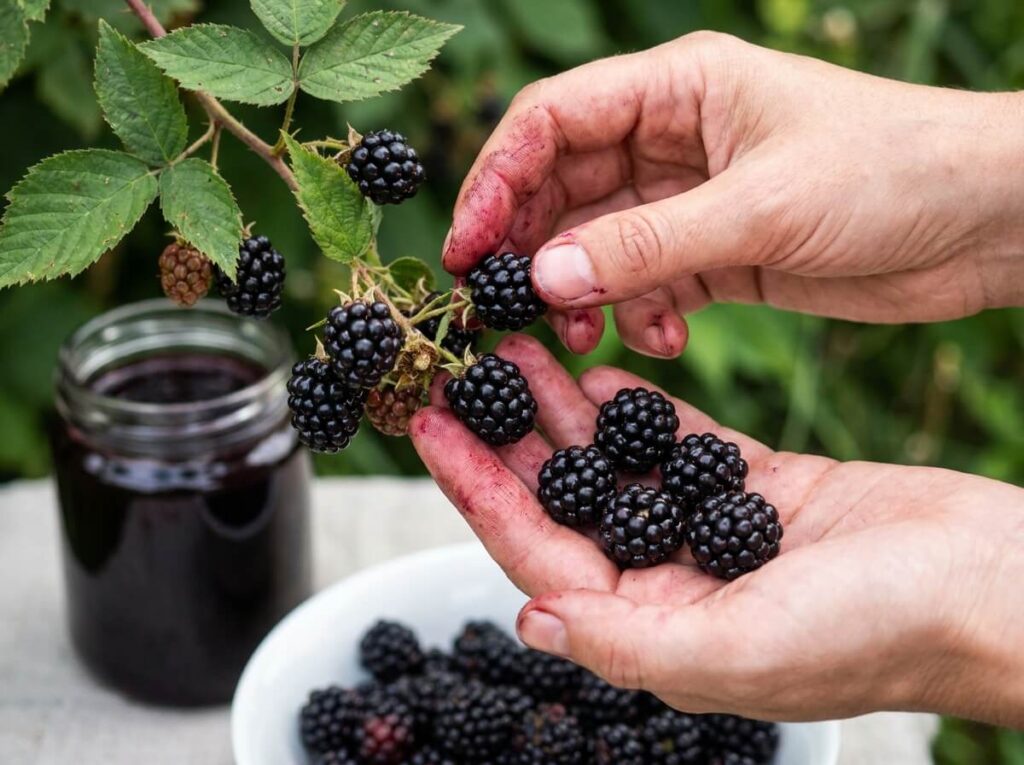 Mains cueillant des mûres bien noires et gorgées de jus dans un buisson en été