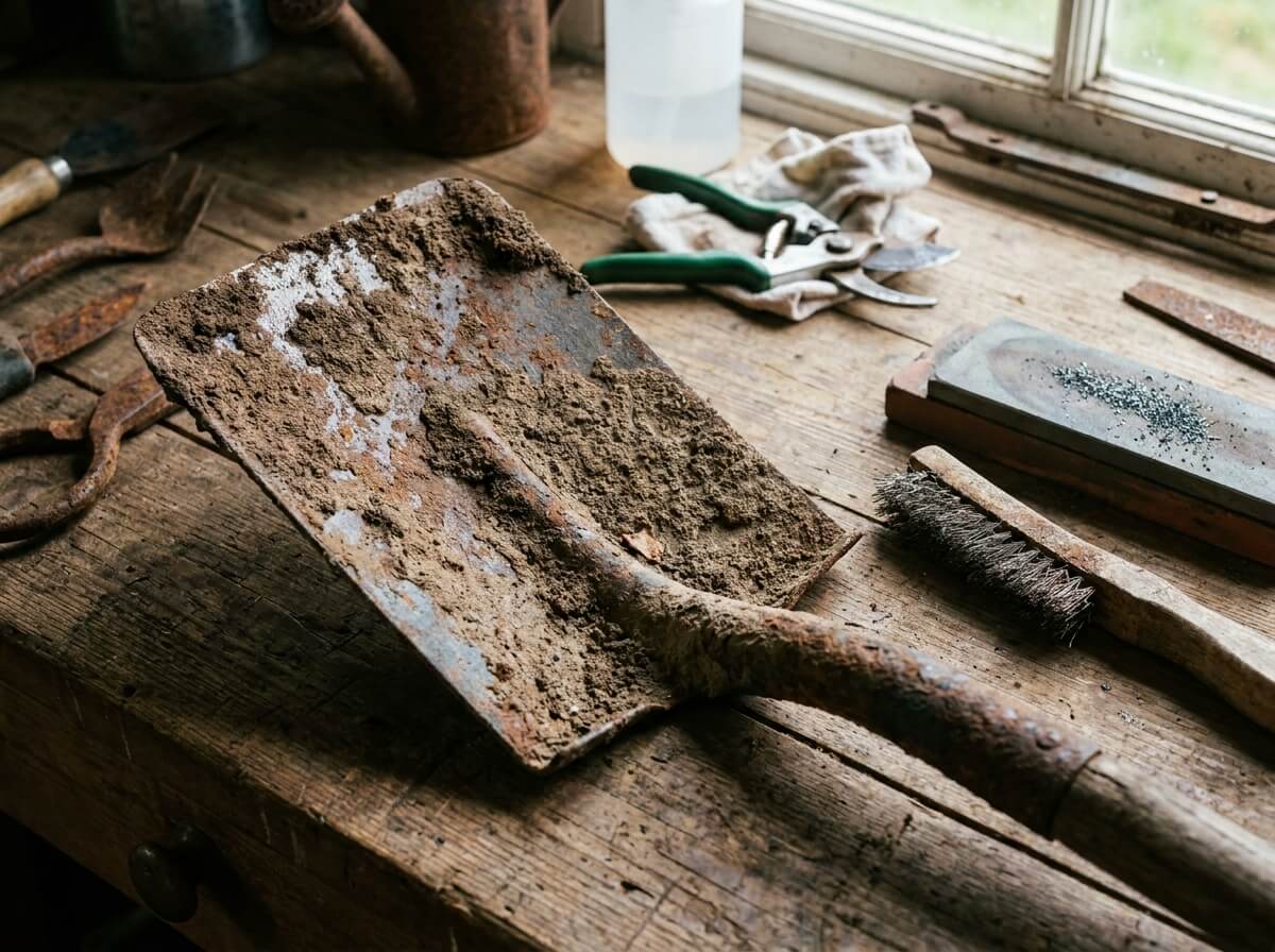 Bêche encrassée de terre et de rouille avant nettoyage à la brosse métallique