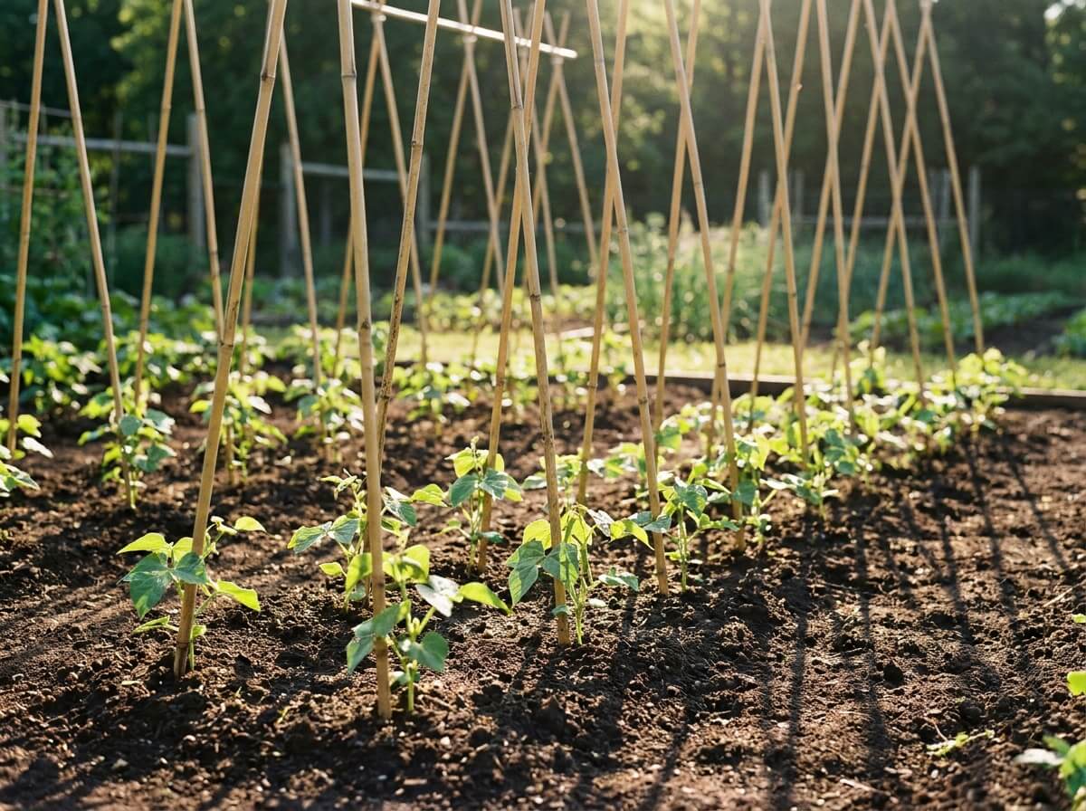 Semis de haricots à rames en rangs espacés dans un potager ensoleillé avec tuteurs en bambou