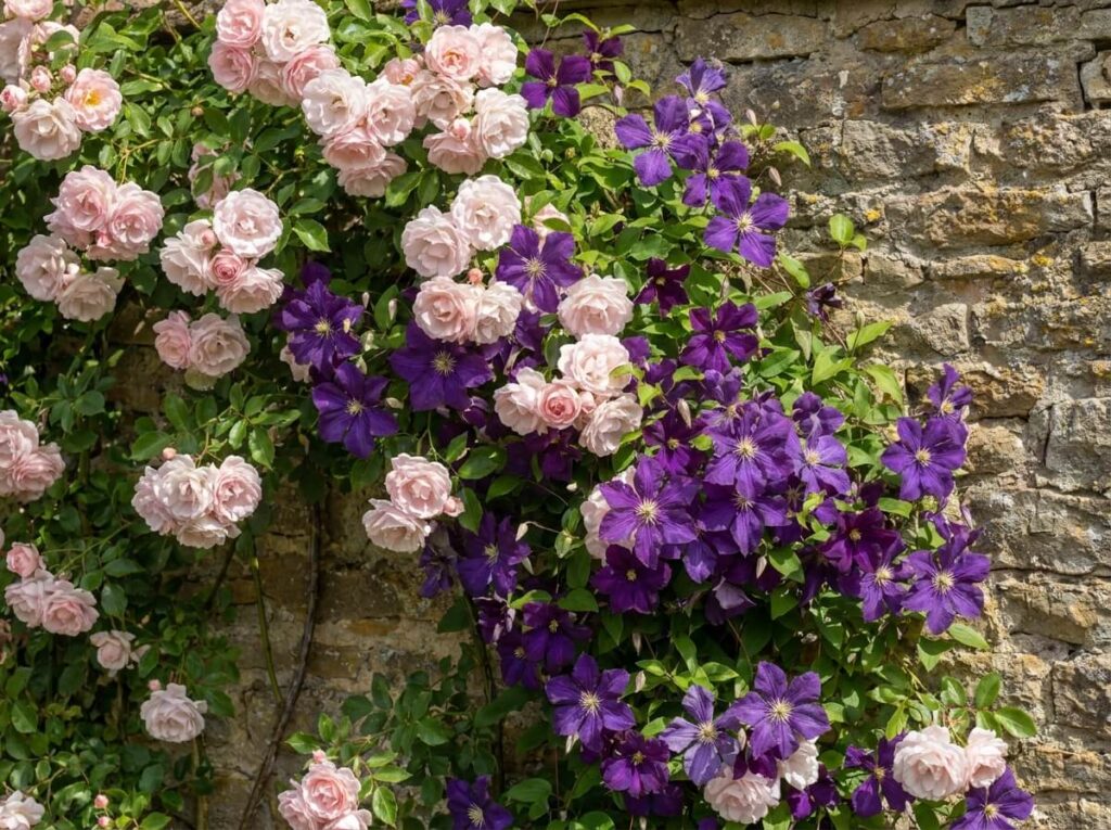 Rosier grimpant rose pâle et clématite violette mêlés en cascade sur un mur ensoleillé