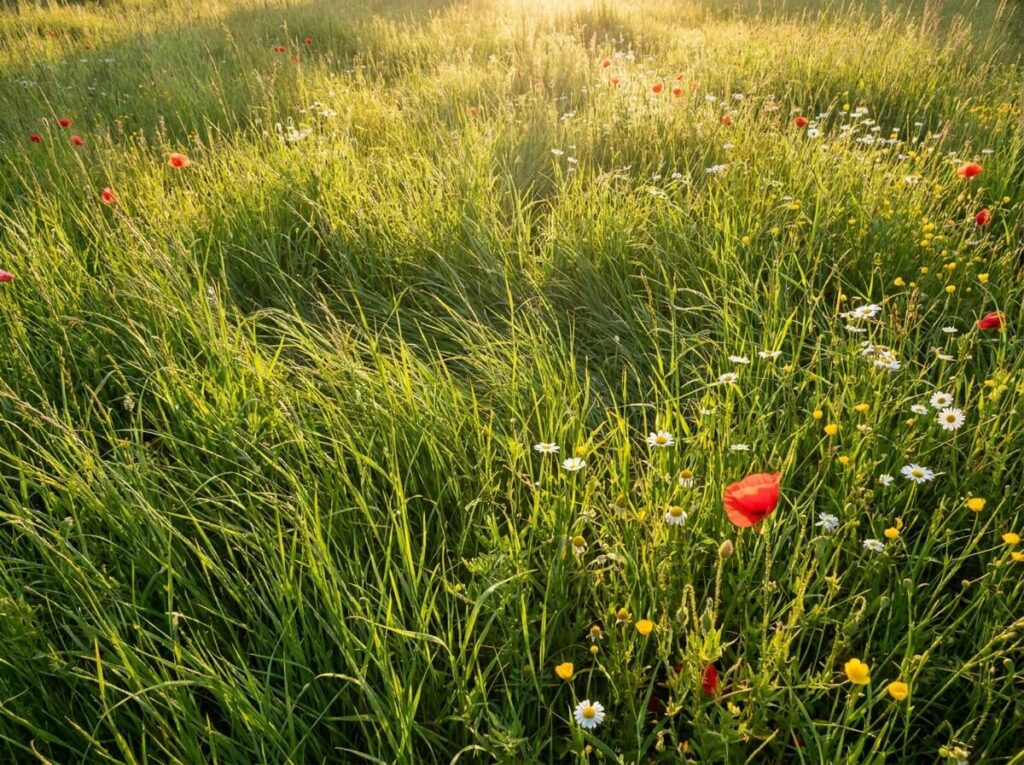 Pelouse haute laissée au repos en été, herbes souples vert tendre ondulant dans la lumière du matin