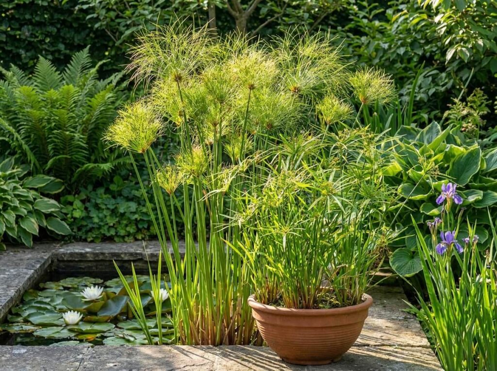 Papyrus en bac au bord d'un bassin, hautes tiges et ombelles vertes ébouriffées au soleil