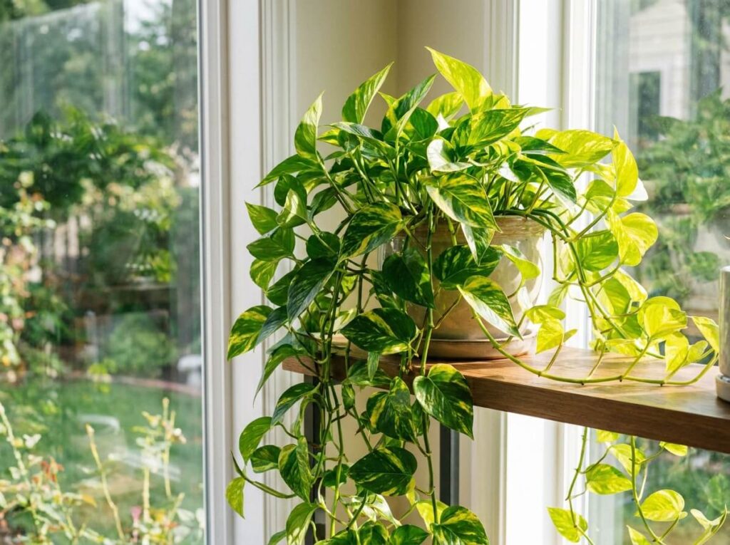 Pothos doré aux longues lianes retombantes et feuillage brillant marbré de jaune près d'une fenêtre lumineuse