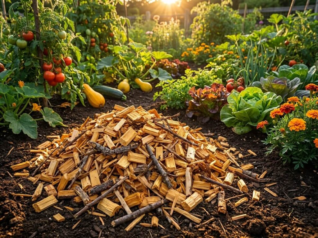 Tas de broyat de rameaux frais étalé au pied d'un potager luxuriant en fin de journée