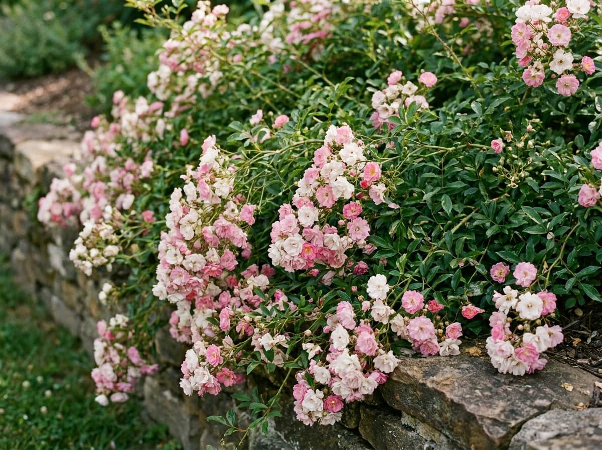 Gros plan sur des tiges rampantes de rosier couvre-sol chargées de fleurs le long d'une bordure
