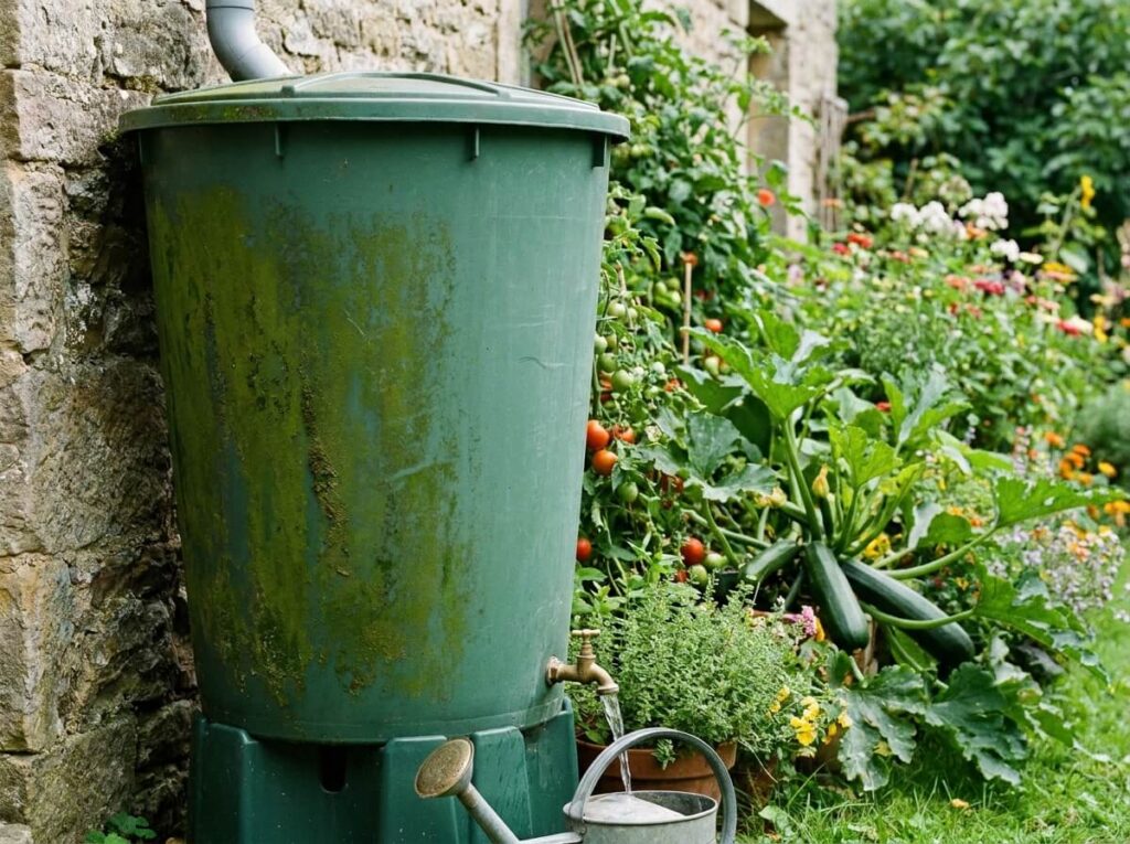 Grande cuve de récupération d'eau de pluie verte adossée à un mur, potager luxuriant en arrière-plan