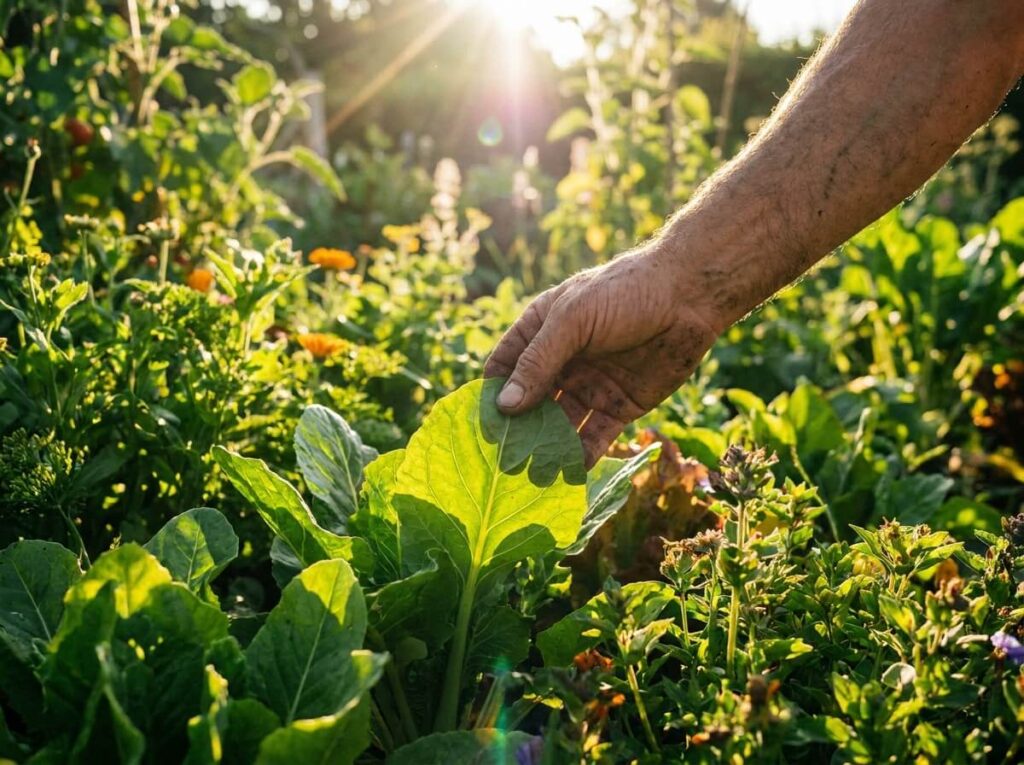 Jardinier retournant une feuille verte au soleil du matin pour observer le revers, potager luxuriant