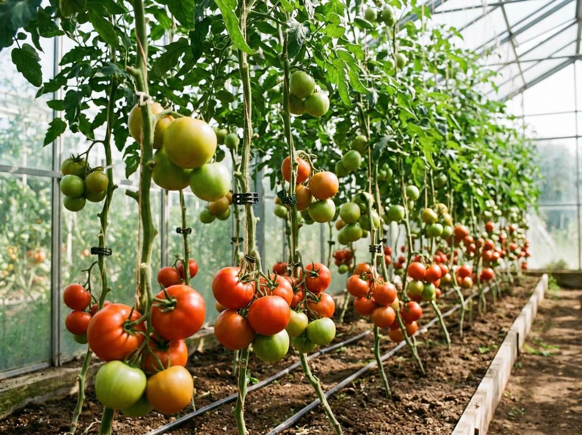 Rangée de tomates palissées sur ficelles verticales tendues sous une serre lumineuse