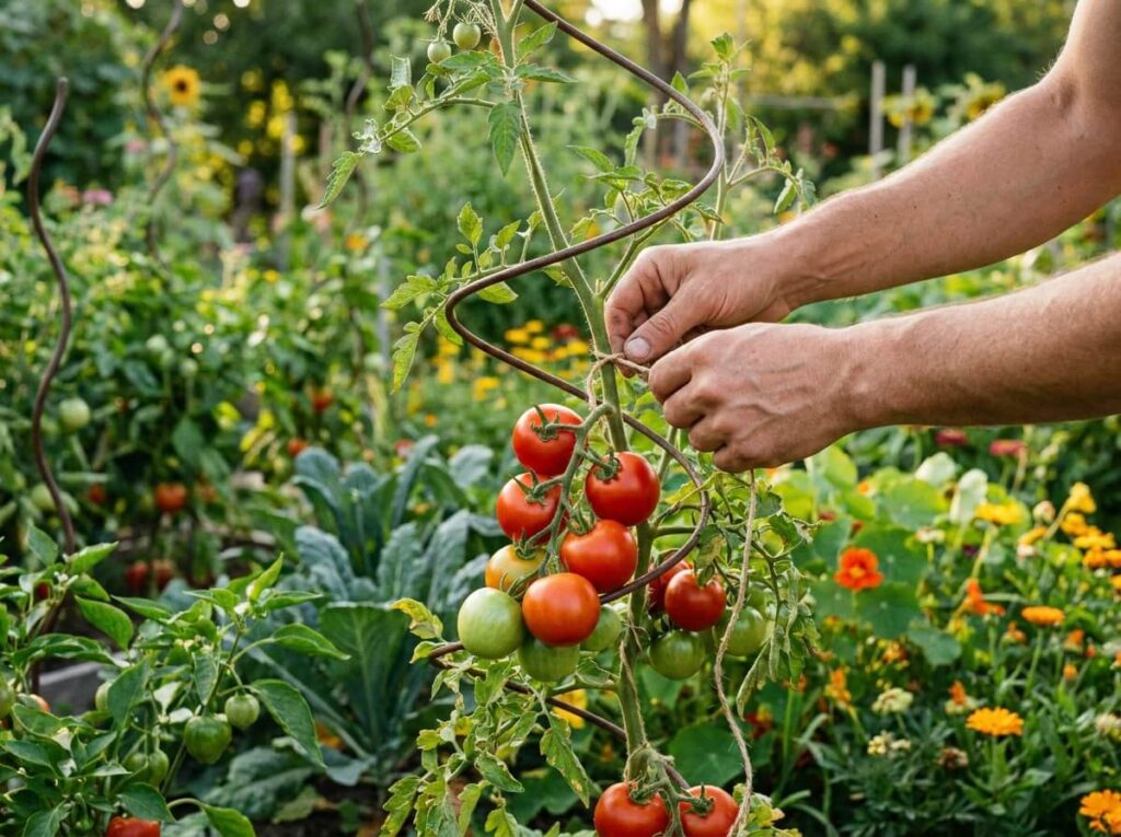 Mains attachant une tige de tomate chargée de fruits à un tuteur spirale au potager en été