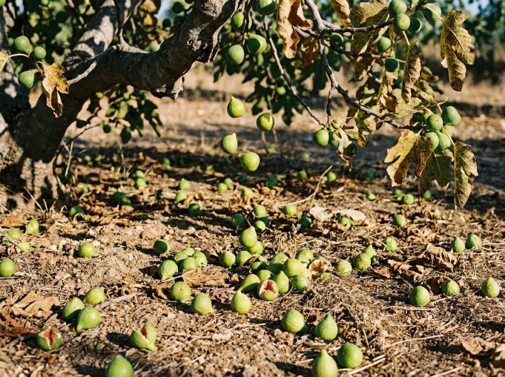Figues vertes immatures tombées au sol au pied d'un figuier en plein été