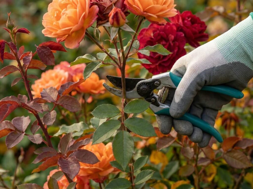 Main gantée taillant une tige de rosier buisson au-dessus d'une feuille à cinq folioles