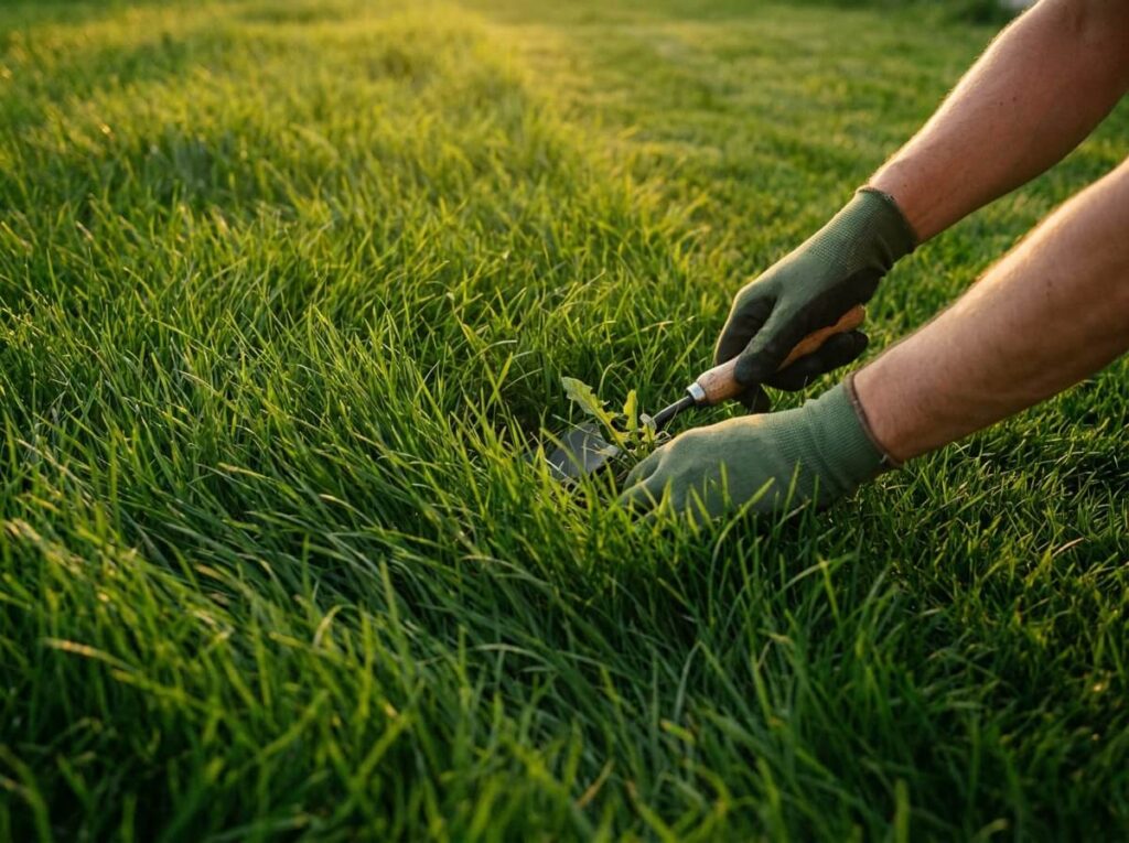 Pelouse dense et vert profond tondue haut, brins souples ondulant dans la lumière du soir