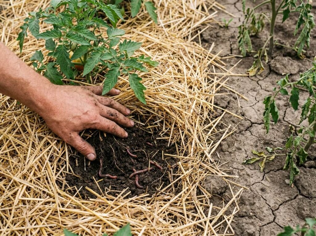 Main écartant une couche de paille pour vérifier l'humidité de la terre au pied des légumes