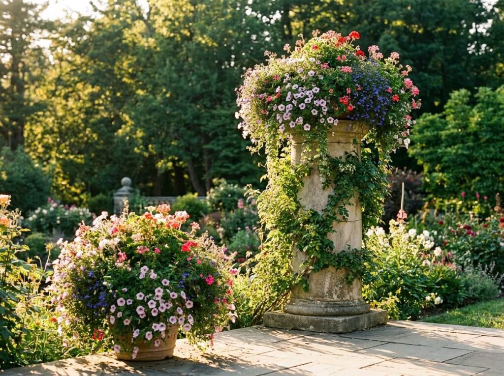 Récupérateur d'eau de pluie colonne coiffé d'une jardinière fleurie retombante au soleil du matin