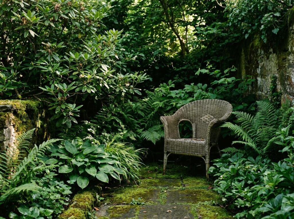 Coin de jardin ombragé avec arbustes denses au feuillage vert et fauteuil en osier
