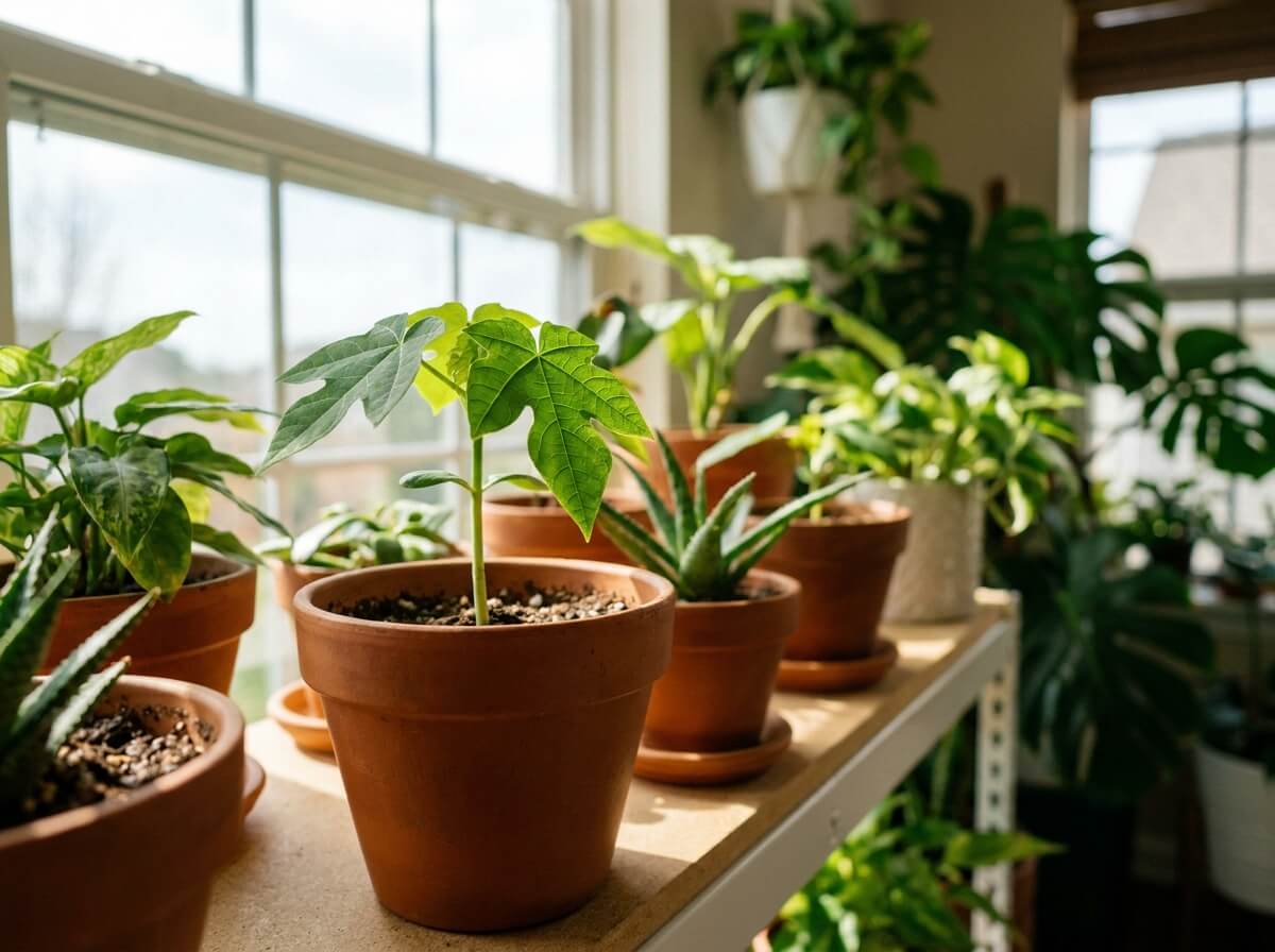 Plantule de papayer en godet avec cotylédons verts déployés sur une étagère lumineuse d'intérieur