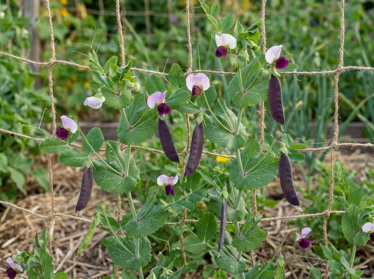 Fleurs bicolores violettes du pois gourmand grimpant sur un filet de 1,80 m au potager