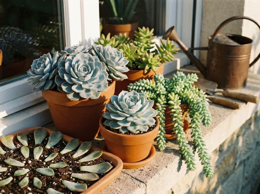 Rosettes d'echeveria bleutées et feuilles de sedum posées sur un rebord de fenêtre ensoleillé