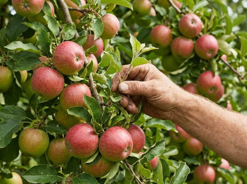 Main de jardinier pinçant une jeune pousse verte sur un pommier chargé de fruits en été