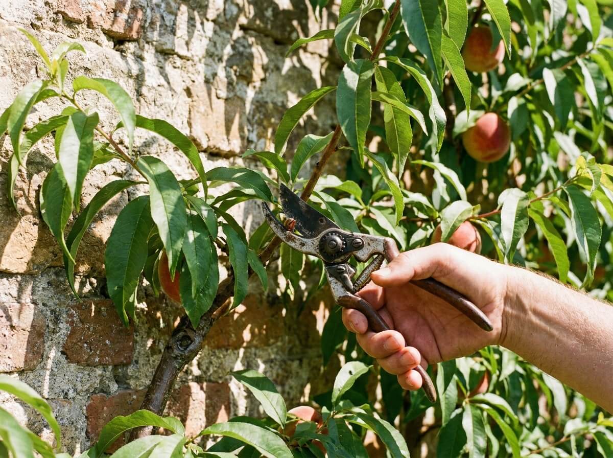 Sécateur coupant un rameau feuillu sur un pêcher palissé le long d'un mur ensoleillé