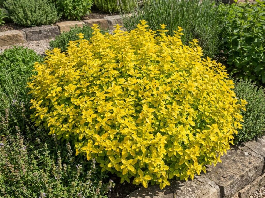 Touffe de marjolaine dorée au feuillage jaune éclatant dans un carré d'aromatiques ensoleillé