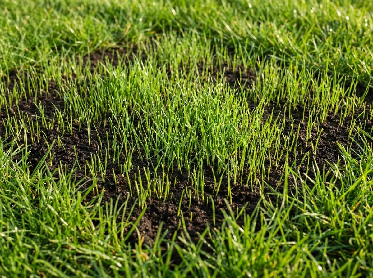 Jeunes pousses de ray-grass levées dans un trou de pelouse griffé et recouvert de terreau fin