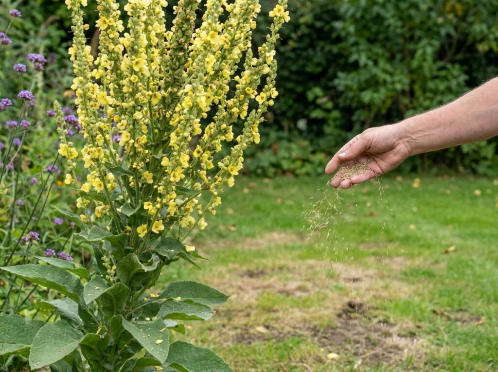 Main semant des graines de gazon à la volée sur une zone dégarnie de pelouse en fin d'été