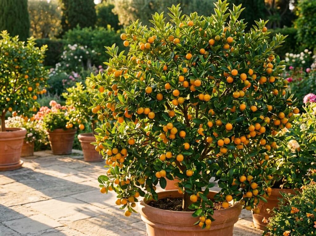 Feuillage vernissé de calamondin en pot couvert de petits fruits orange sur une terrasse ensoleillée