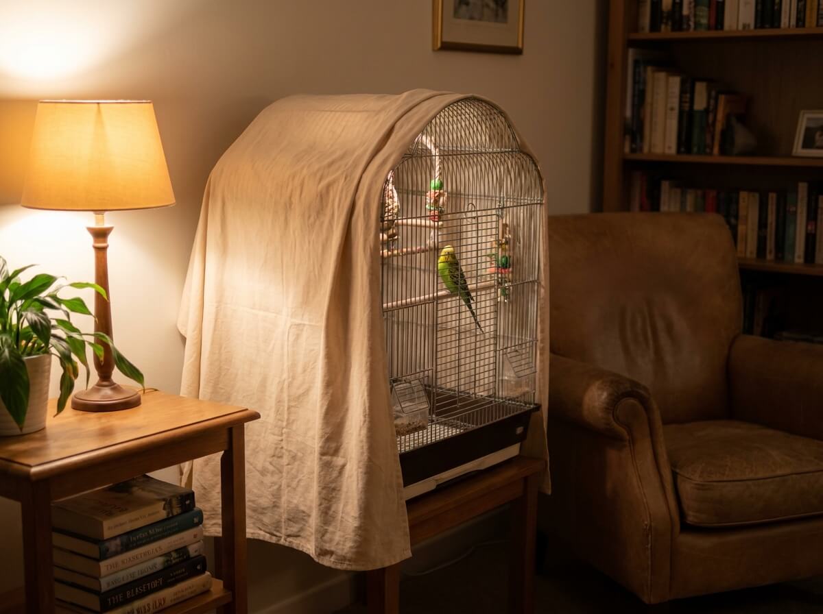 Cage de perruches couverte d'un tissu sur l'arrière et les flancs, façade laissée dégagée