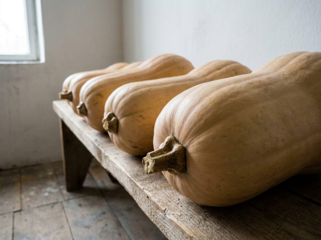 Courges musquees beiges au pedoncule sec stockees sur une etagere en bois dans une piece fraiche