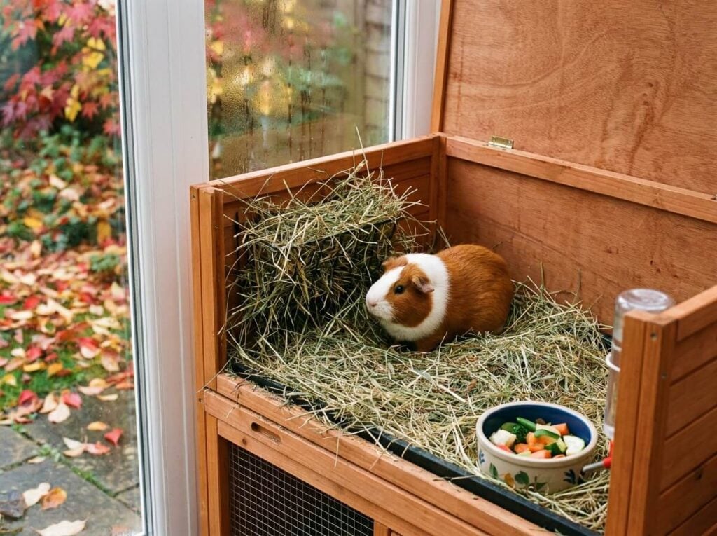 Cochon d'Inde roux et blanc dans une cage garnie de foin frais près d'une fenêtre en automne