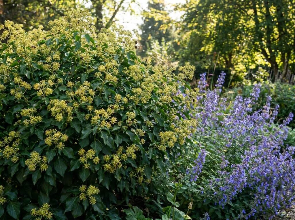 Buisson de lierre arborescent en fleurs vert doré couvert d'abeilles sous le soleil d'automne