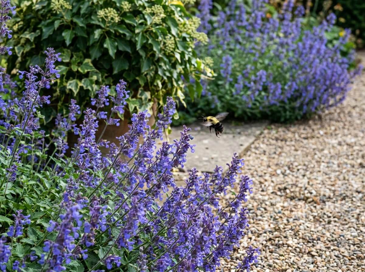 Népéta bleu lavande rabattue en août, refleurie en bordure d'allée avec bourdon en vol