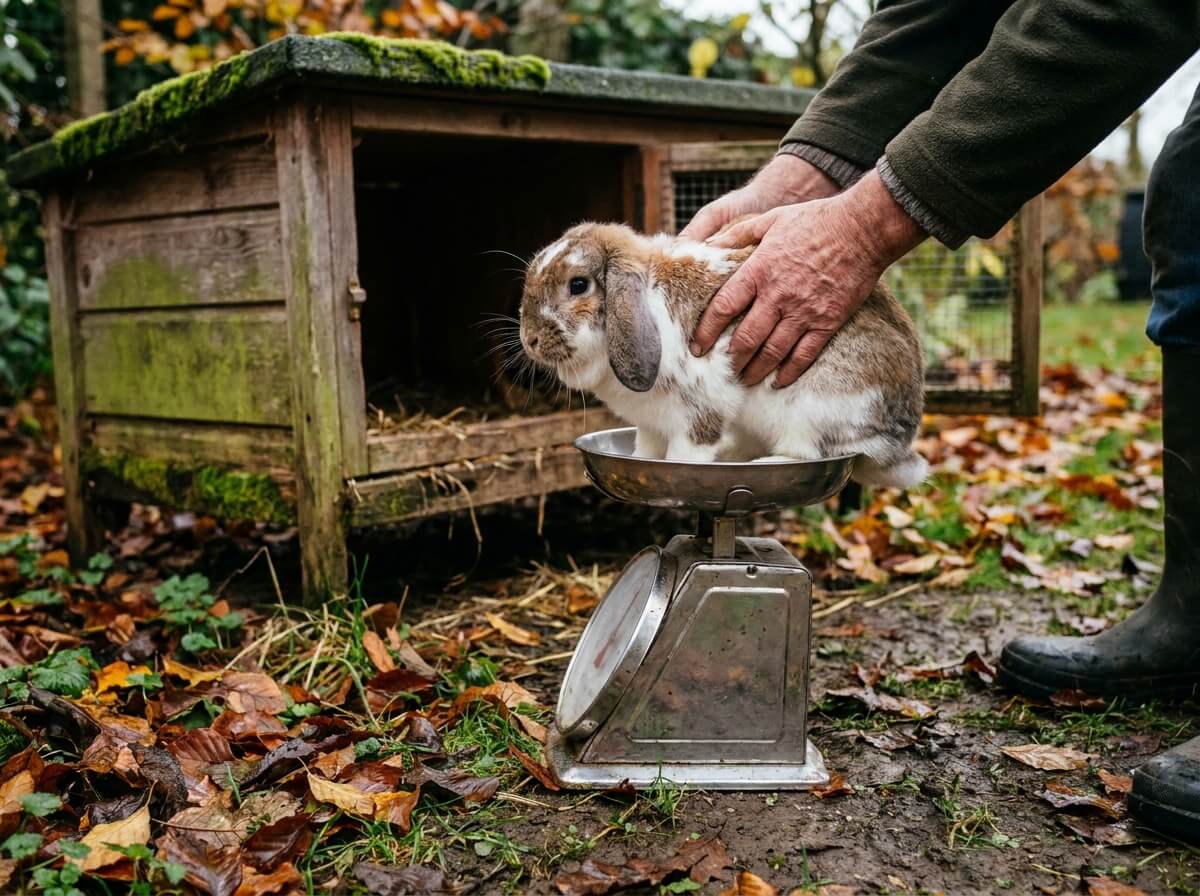 Mains soulevant un lapin bélier pour le peser sur une balance de cuisine en automne
