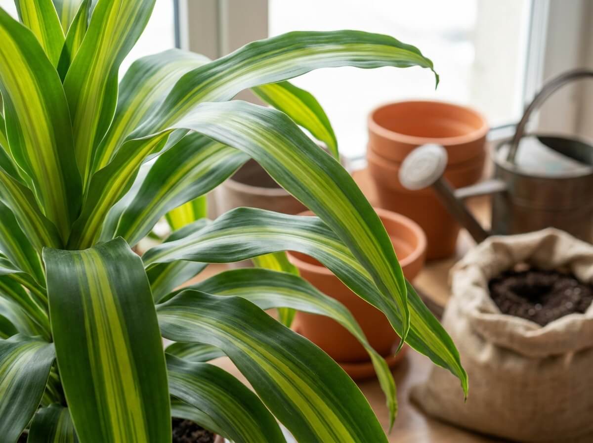 Gros plan sur les longues feuilles rubanées vert et jaune d'un Dracaena fragrans en intérieur