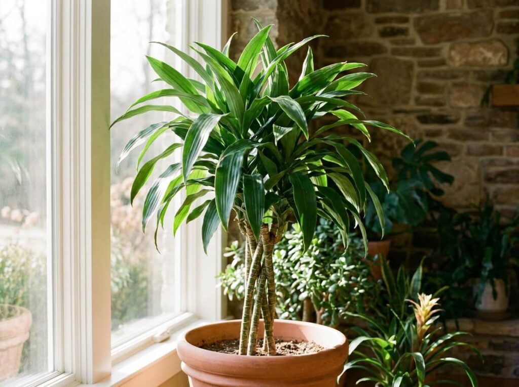 Dracaena fragrans au feuillage vert luisant en pot près d'une fenêtre lumineuse