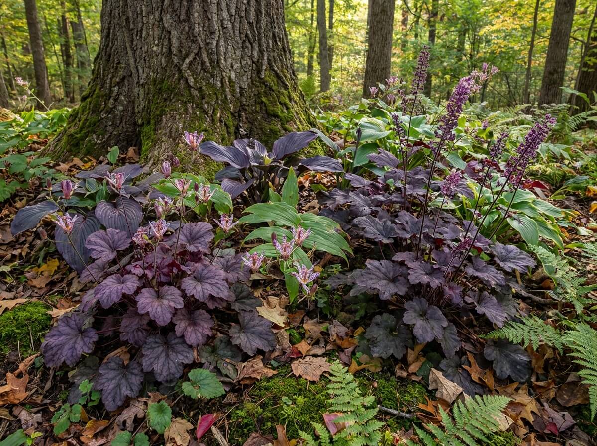 Massif d'ombre au pied d'un chêne, feuillages pourpres et tricyrtis tachetés en fleurs