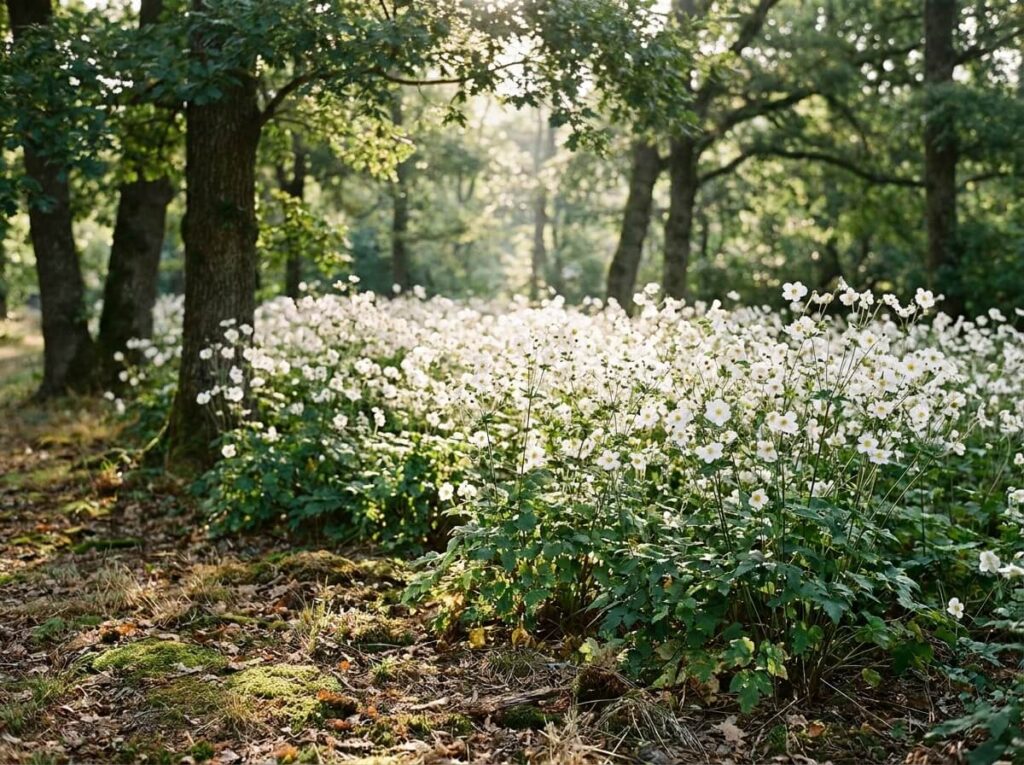 Anémone du Japon blanche en pleine floraison sous des chênes, lumière douce du matin