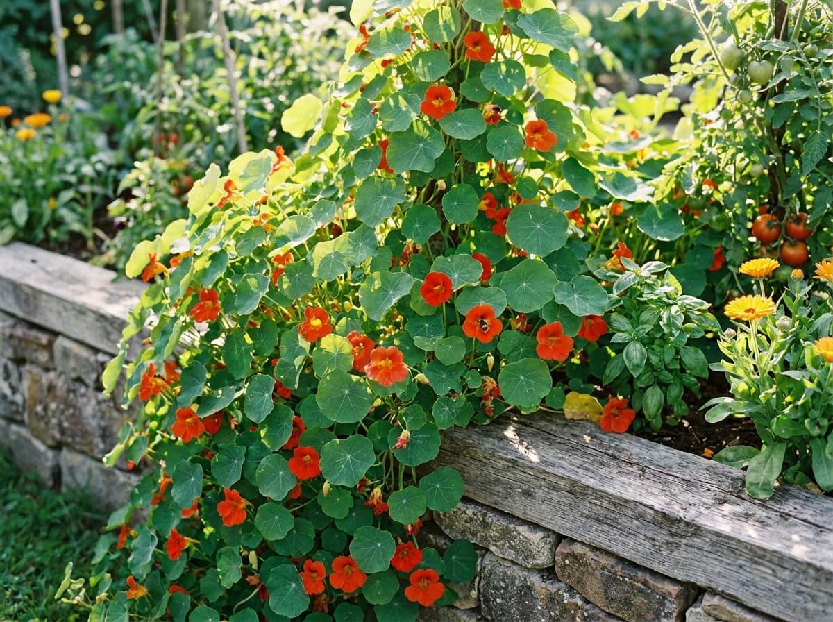 Capucine grimpante aux fleurs rouge orangé et feuilles rondes couvrant une bordure de potager