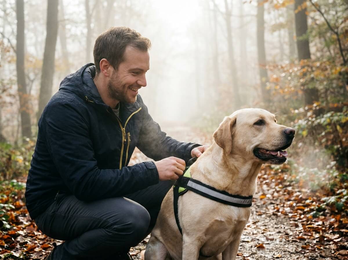 Maître ajustant un harnais réfléchissant sur son chien avant une promenade dans la brume automnale
