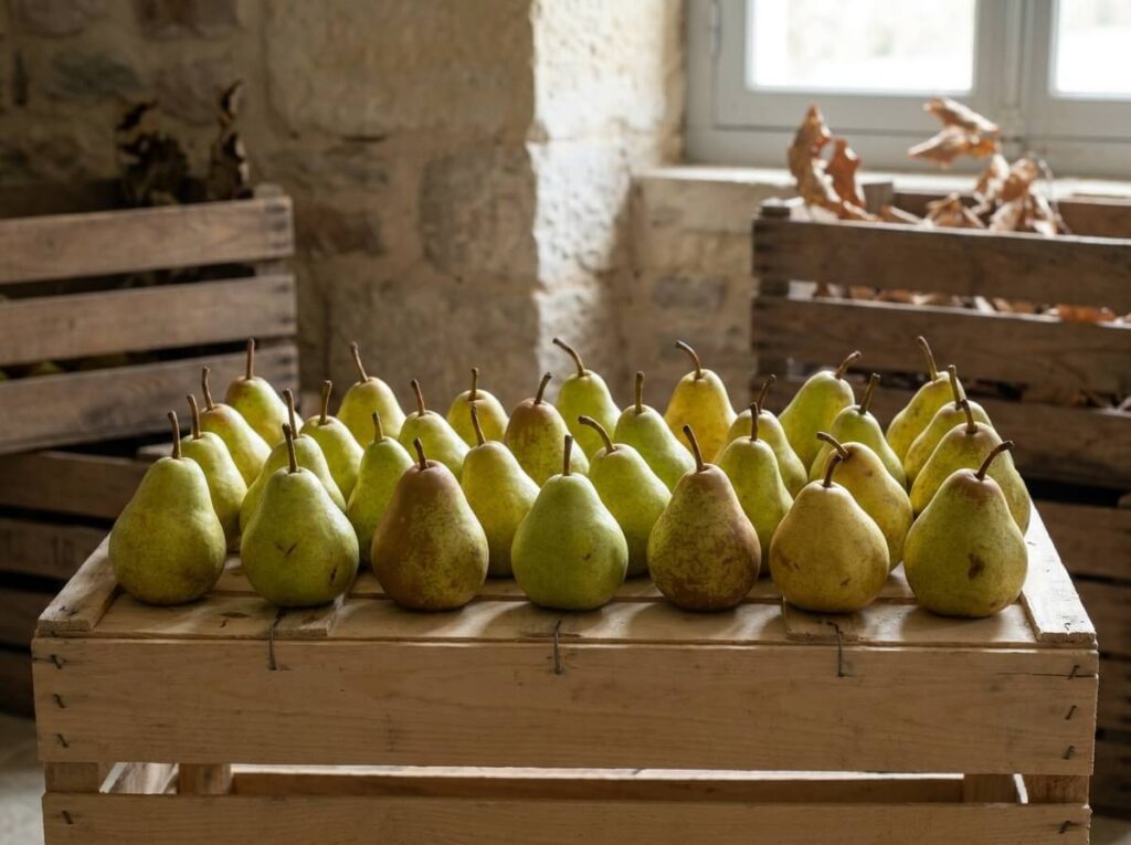 Poires Passe-Crassane rangées en une seule couche sur une clayette en bois dans une pièce fraîche