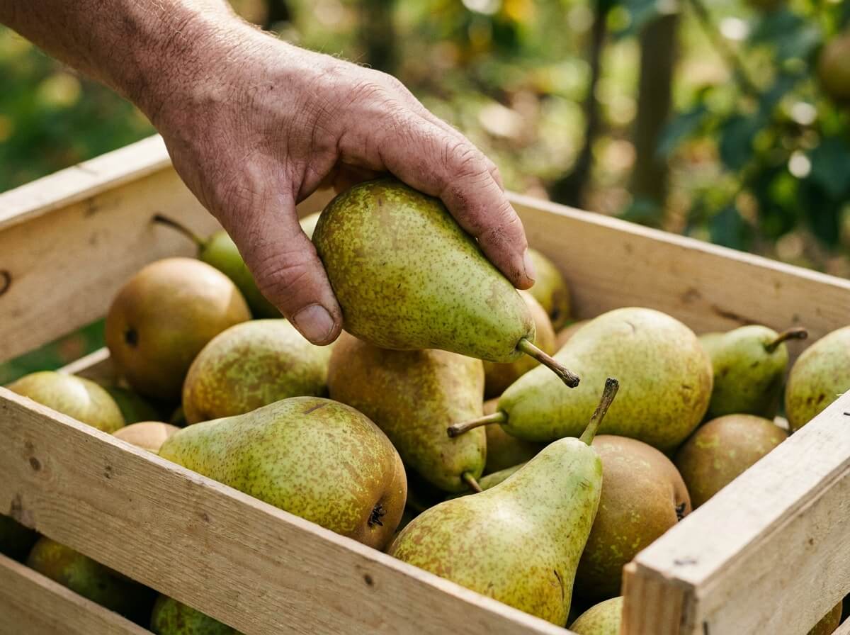 Main vérifiant la fermeté d'une poire Conférence à la base du pédoncule avant stockage