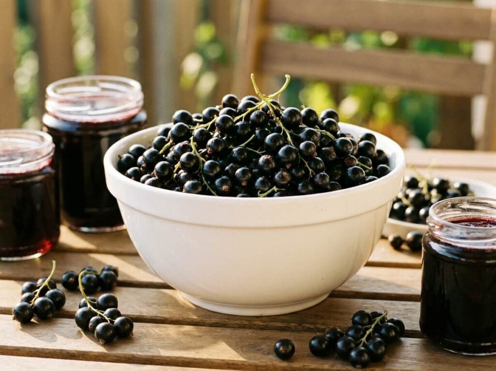 Grappes de cassis noir brillant dans un saladier blanc posé sur une table de balcon ensoleillée