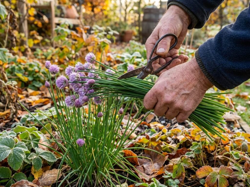 Mains coupant un bouquet de ciboulette fraîche aux ciseaux dans un jardin d'automne
