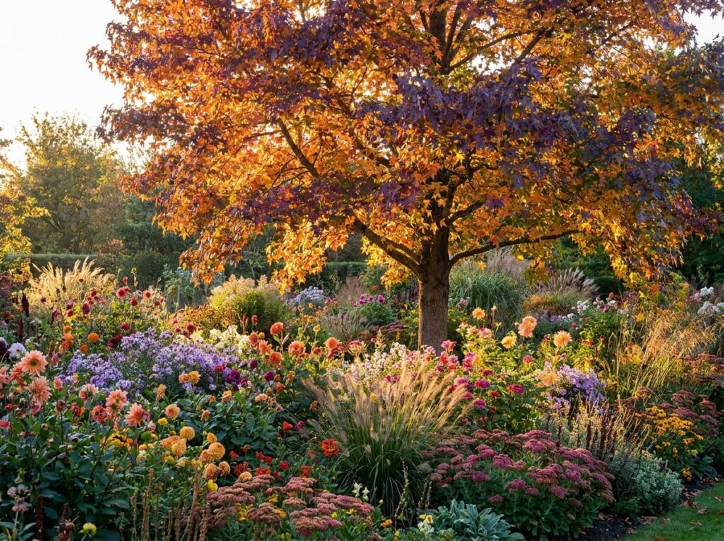 Liquidambar au feuillage flamboyant orange, pourpre et or illuminé par le soleil bas d'automne