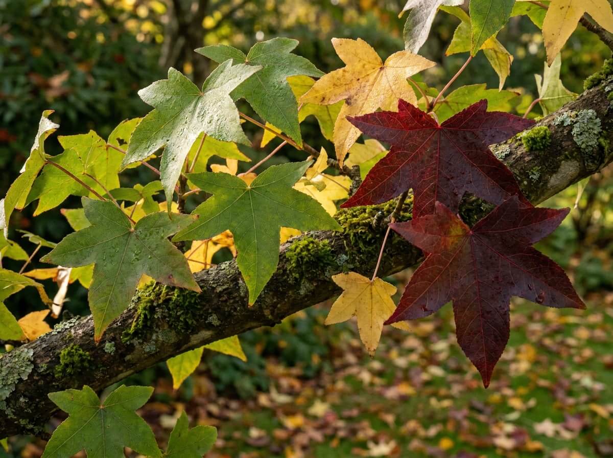 Gros plan sur une branche de liquidambar mêlant feuilles vertes, dorées et rouge sombre