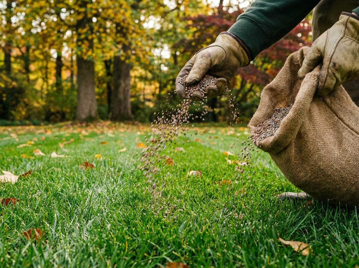 Mains gantées épandant un engrais gazon granulé sur une pelouse fraîchement tondue en automne